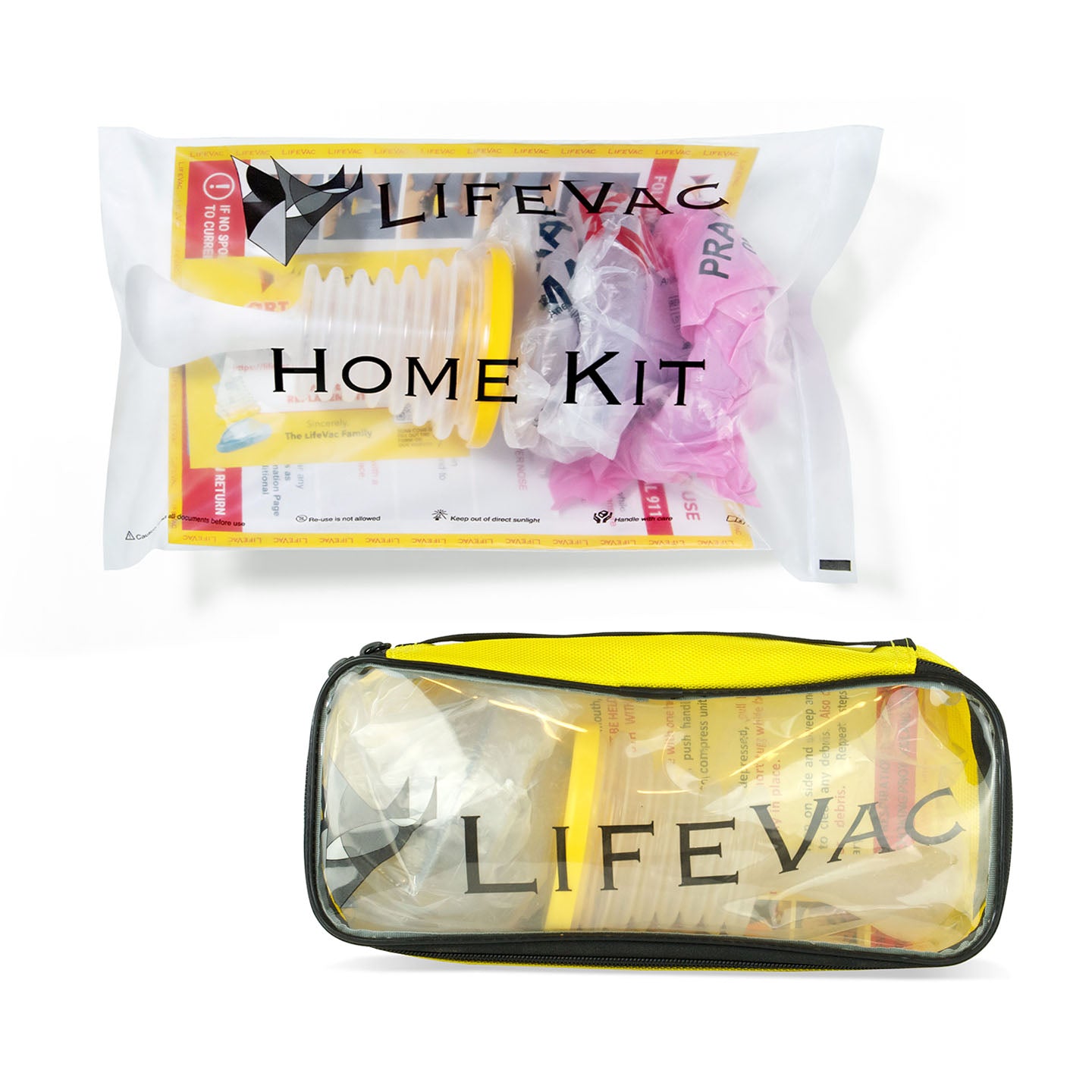 One LifeVac Home Kit in its packaging and one Travel Kit in yellow zip up case